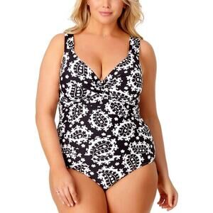 Anne Cole Black White Paisley Twist-Front One Piece Swimsuit 20W